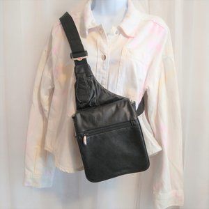 Travelon Black Leather  Anti-Theft Shoulder Sling Crossbody Bag